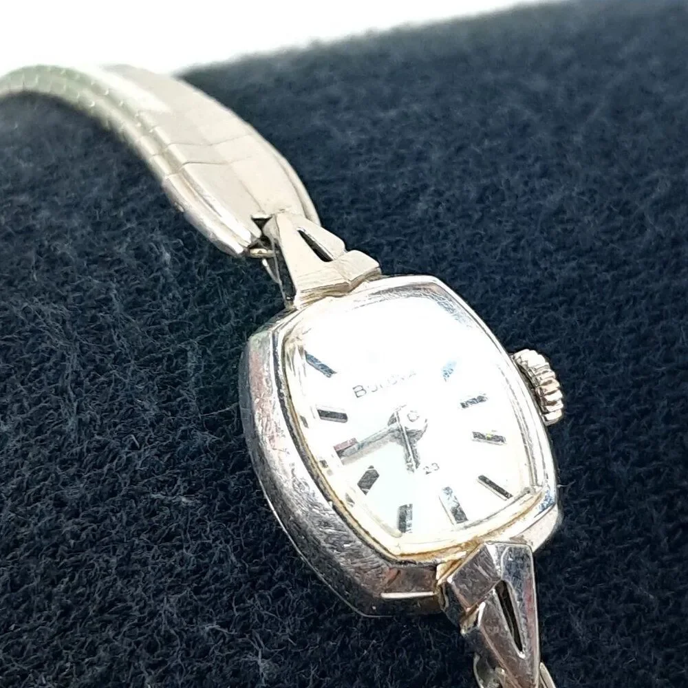 Vintage Bulova watch 23 jewels 10K white gold‎ bracelet ladies women's RGP bezel
